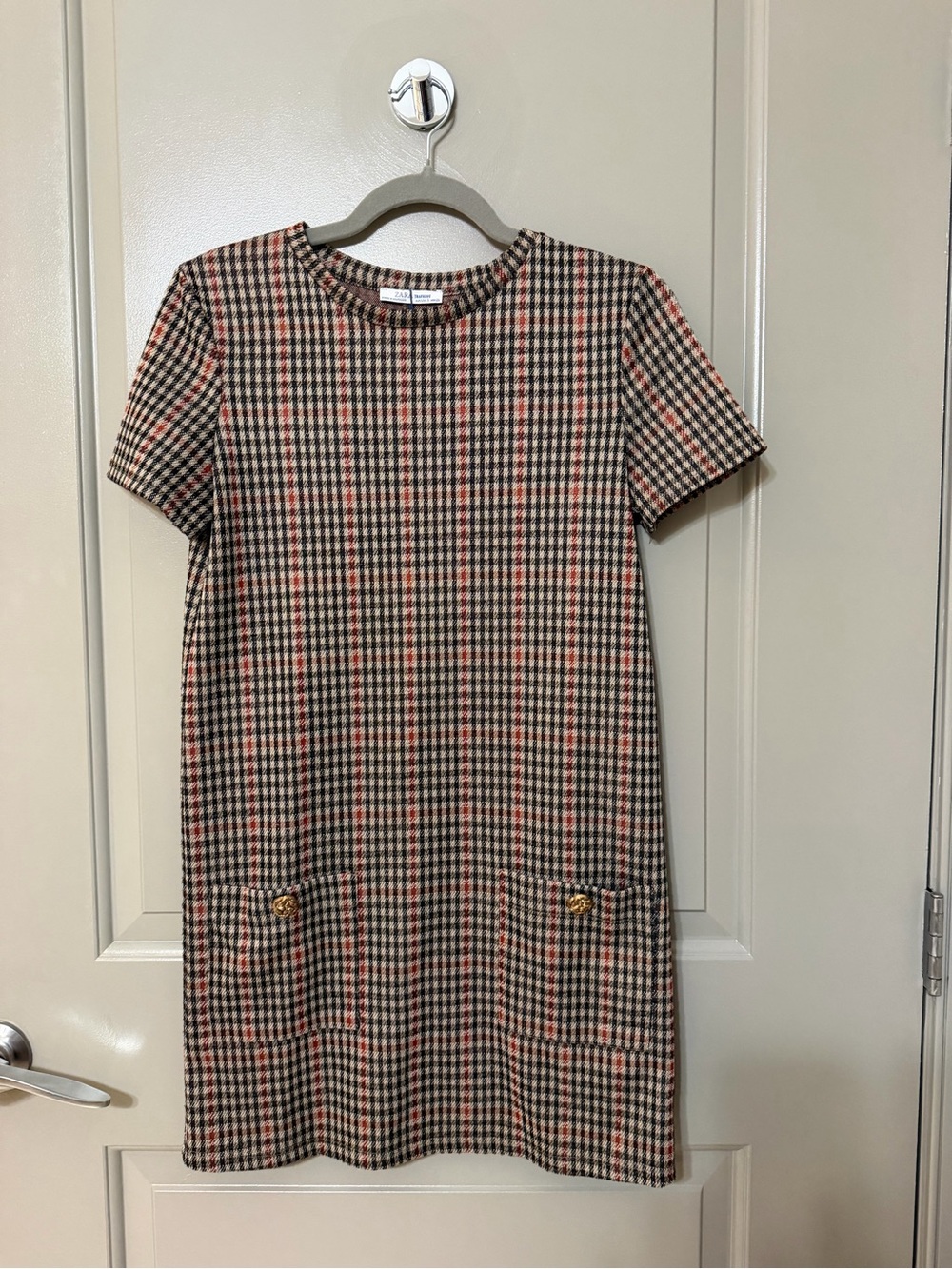Zara Black, Cream and Red Check Knit Shift Dress
